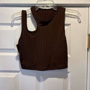 Brown Ribbed Asymmetric Cropped Tank Top